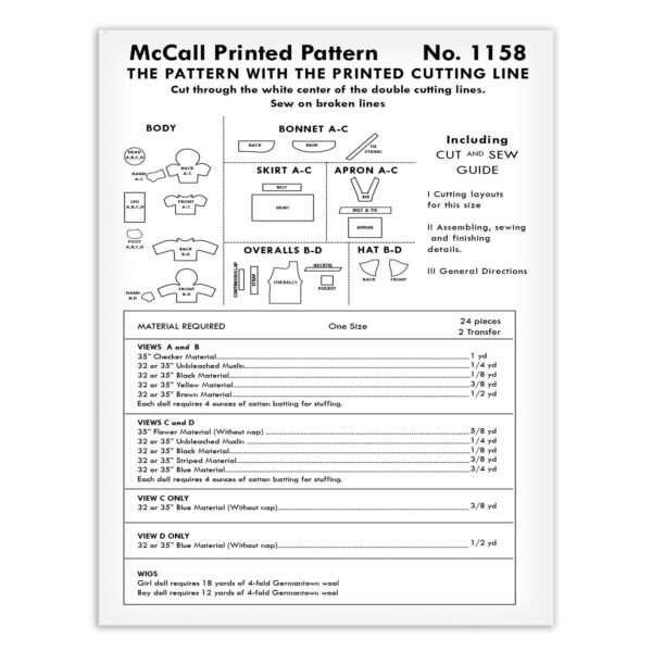 McCalls 1158 Rag Doll Boy Girl Pattern Fabric Details