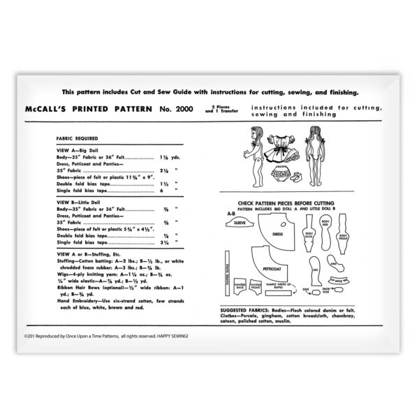 McCalls 2000 Doll Sewing Pattern Fabric