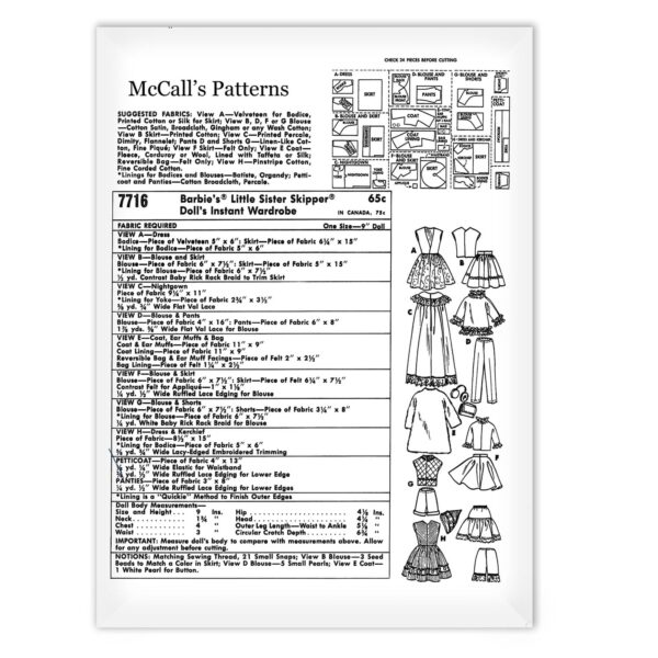 McCall's 7716 Skipper Barbie Doll Clothes Fabric