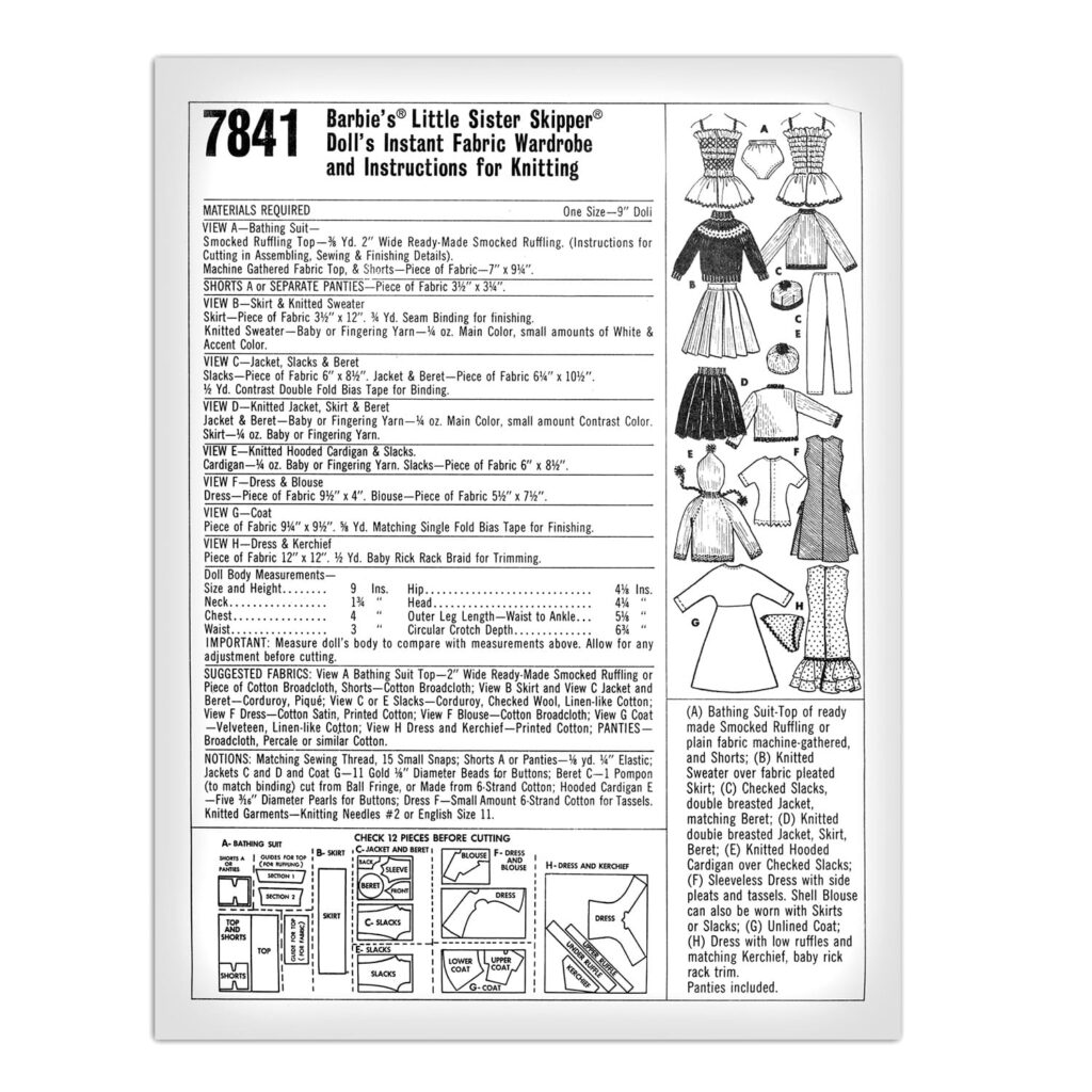 Barbie Doll Skipper Sewing Pattern Vintage McCalls 7841 Knitting ...