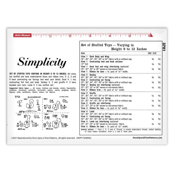 Simplicity 3701 Giraffe duck lamb donkey pattern fabric