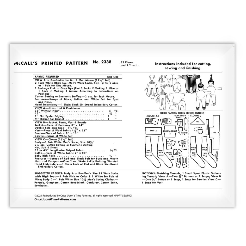 Sock Toys Clown and Mouse McCall's 2338 Pattern Stuffed Animals