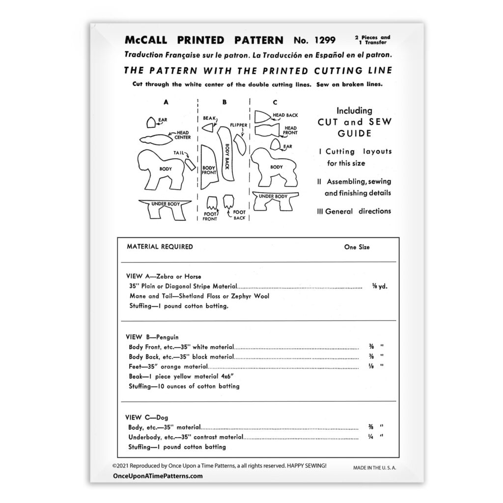 Eight Stuffed Animal Toys McCall 1078 Pattern - Vintage Sewing Patterns