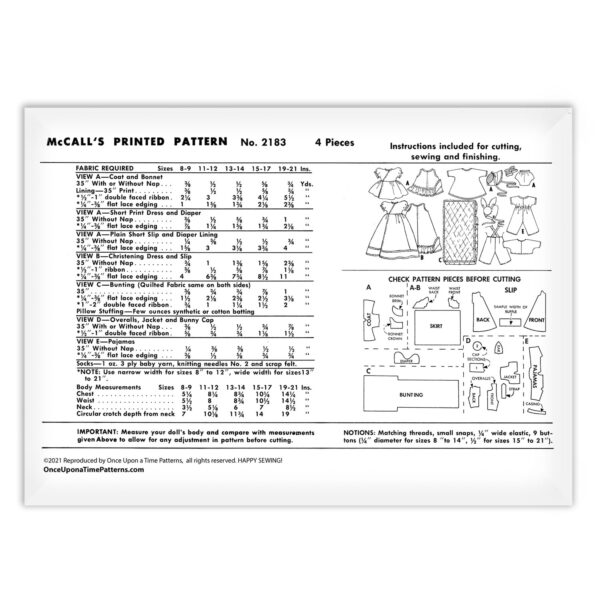 McCalls 2183 Baby Doll's Wardrobe Pattern Back