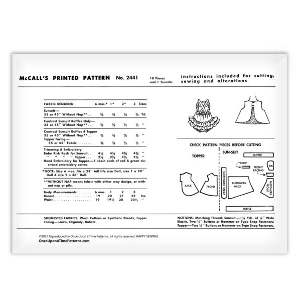 McCalls 2441 Toddlers Ruffled Sunsuit Topper Top Pattern Fabric
