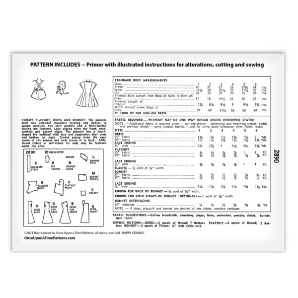 Simplicity 2890 Childs Playsuit Dress Bonnet Pattern Fabric
