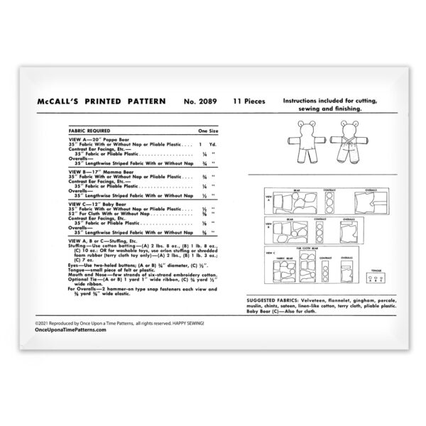 2089 McCalls Teddy Bears Pattern Fabric