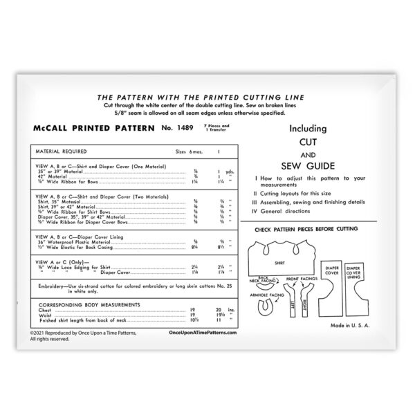 Babys Diaper Shirt and Diaper Cover McCall Pattern Vintage 1489 back Envelope
