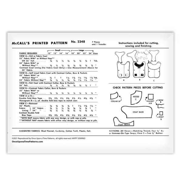 McCalls Togs Dog Coat with Monogram 2348 Pattern Back