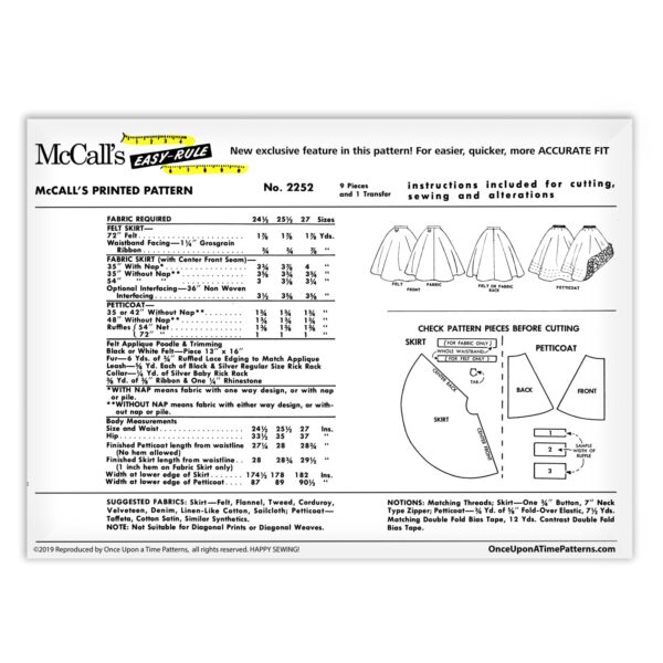 Junior Poodle Circle Skirt and Petticoat McCalls 2252 Back of Envelope