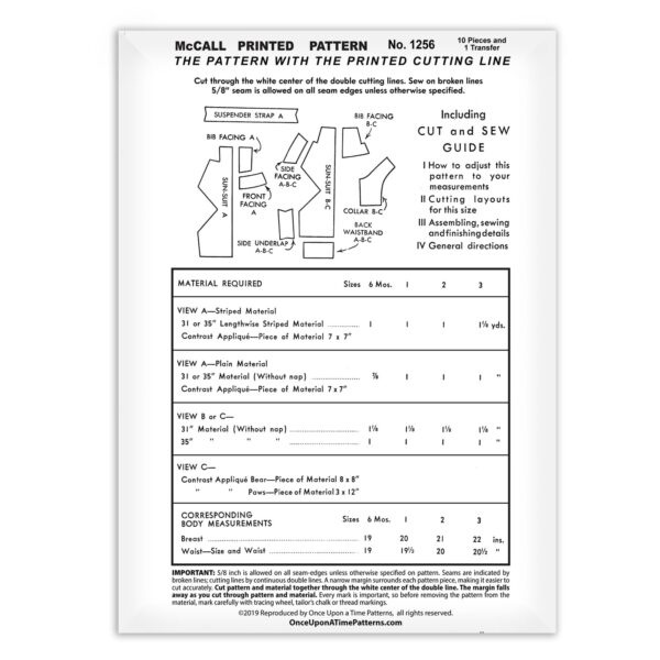 McCall 1256 Toddlers Sunsuit vintage Sewing Pattern Back of Envelope