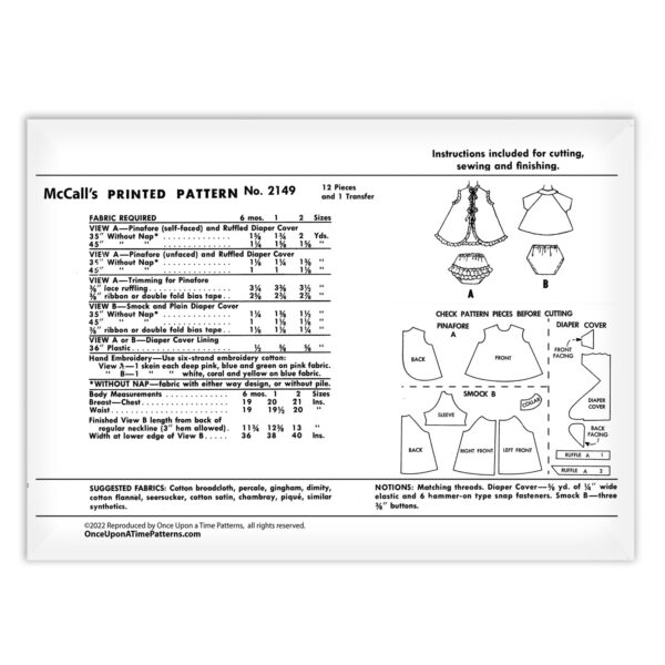 McCalls 2149 Toddlers Pinafore Diaper Cover Sewing Girl Boy Sewing Pattern Back of Envelope