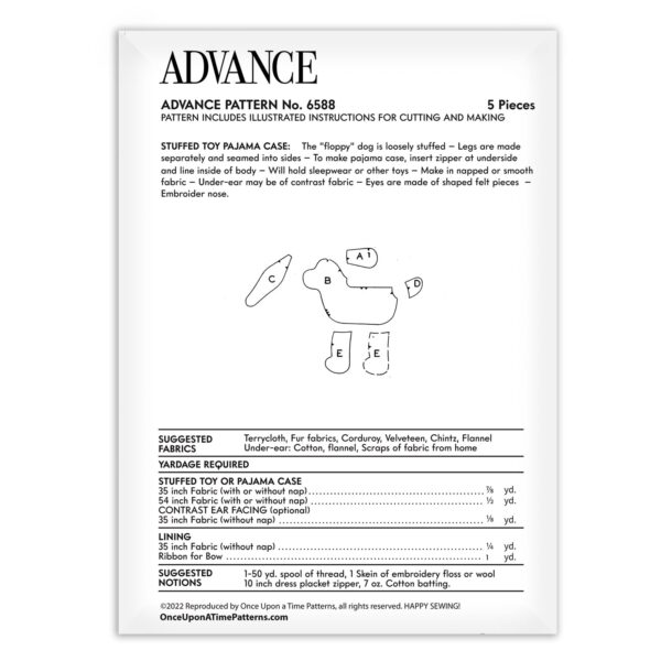 ADVANCE 6588 Pajama Case Dog Sewing Pattern Back of Envelope