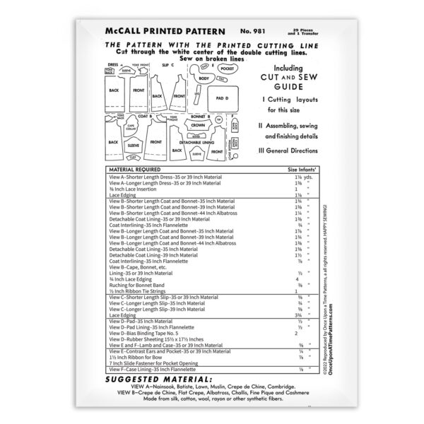 McCall 981 Infants Layette Sewing Pattern Back of Envelope