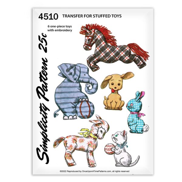 Simplicity 4510 Stuffed Toys Horse Elephant Dog Rabbit Lamb Cat Sewing Pattern