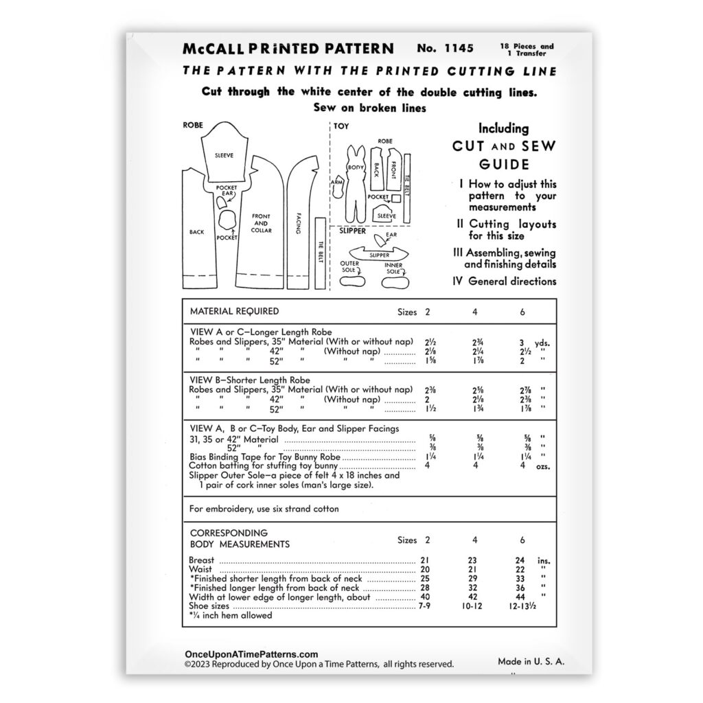 Mccall's Robe Pattern Childs Bath Robe Slippers and Bunny Doll McCall 1145 Vintage Sewing ...