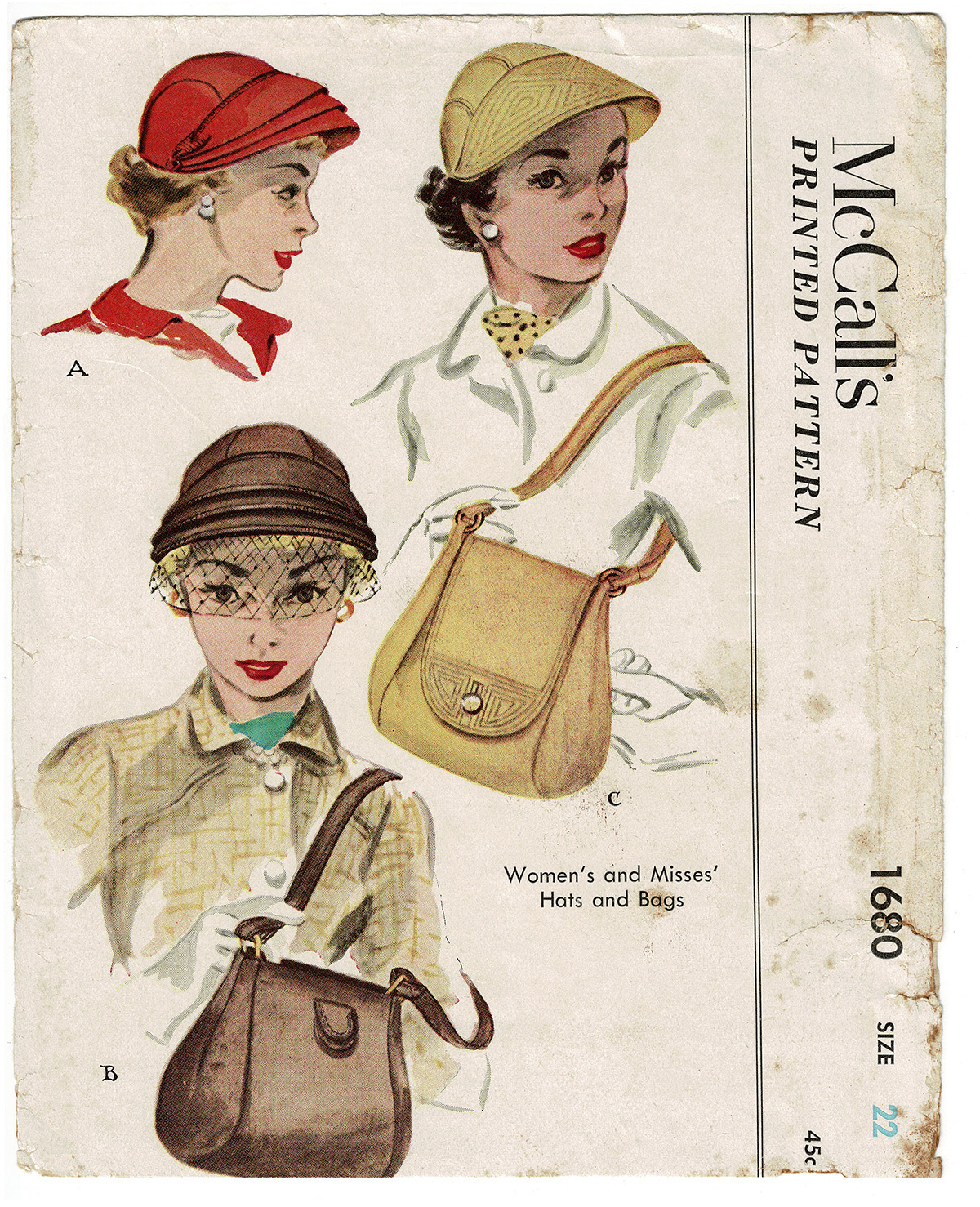 Orig Envelope McCalls 1680 Pattern Hat and Shoulder Bags 1950s