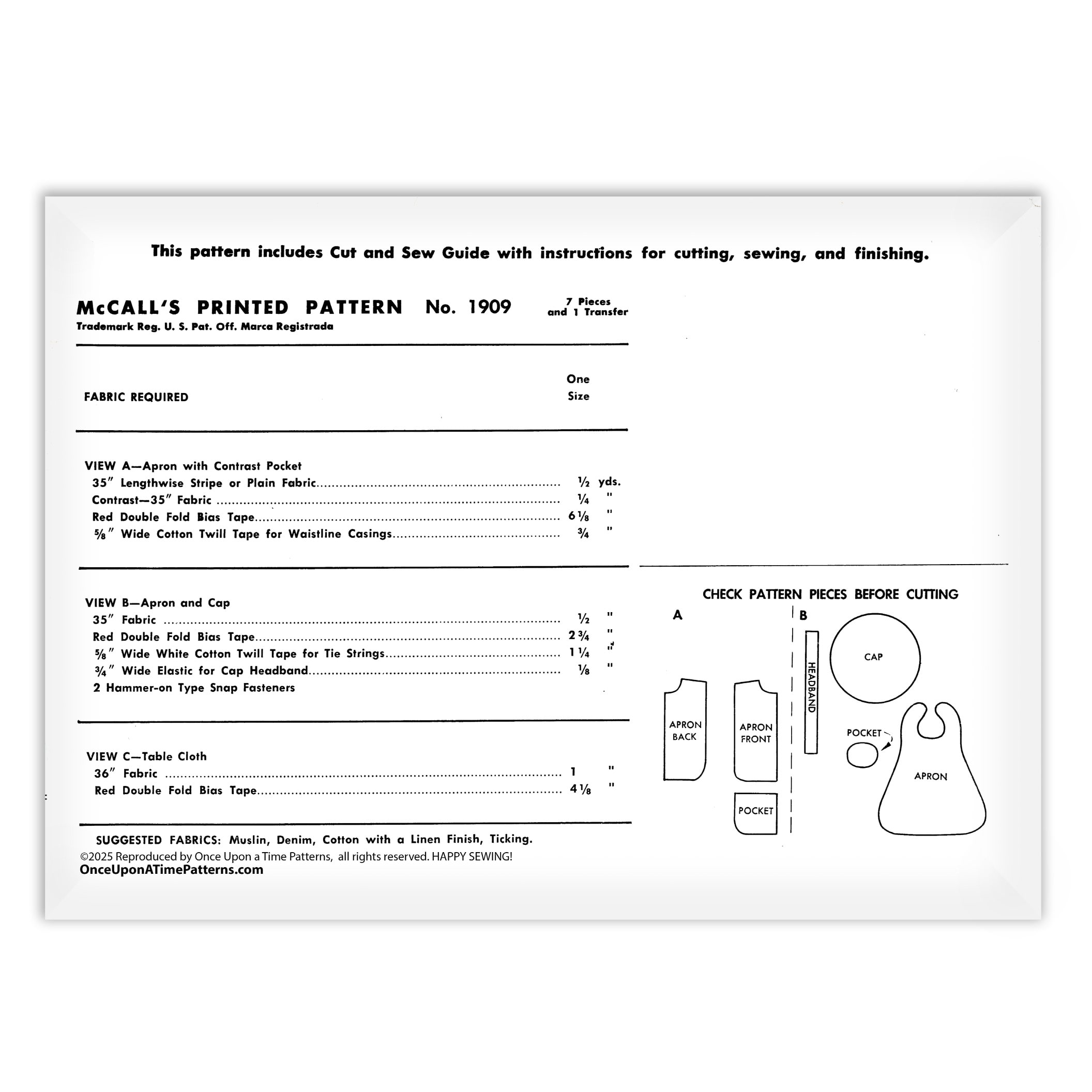 Childs Apron and Chefs Cap McCalls 1909 Kids Smock Sewing Pattern - Image 2