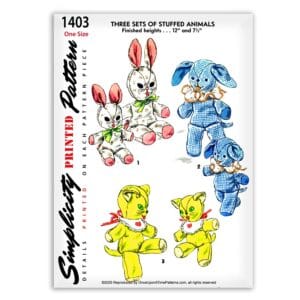 Simplicity 1403 three sets of stuffed animals Rabbits Cats Dog Sewing Pattern